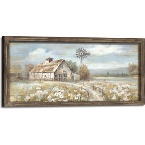 Farmhouse Wall Art Wood Decor: Large Framed Barn Windmill Picture Rustic Country Farm Print Artwork Rural Countryside Landscape Painting for Home Bedroom Decorations (57"L x 27"W)