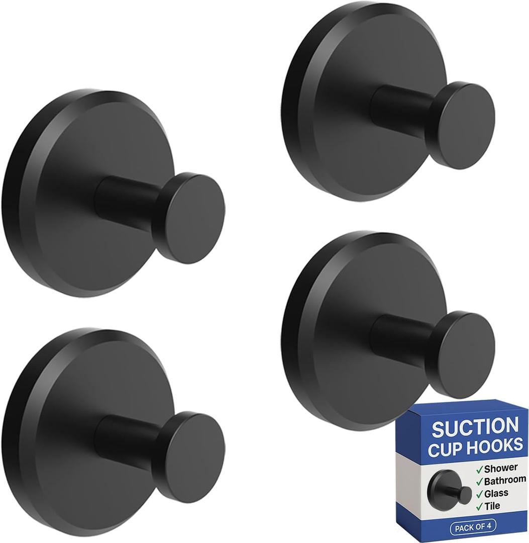 HOME SO Suction Cup Hooks for Shower & Bathroom Towel Holder 4-Pack Suction Cups Hooks for Hanging Towels, Robes, & Coats - Tiles, Glass Door or Mirror Shower Hooks & Towel Hooks Organizer - Black