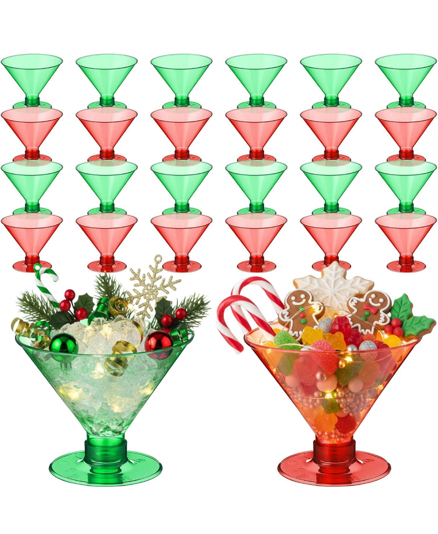 Yinkin 24 Pcs 5oz Plastic Martini Glasses Disposable Christmas Party Cups Clear Red and Green Plastic Cocktail Glasses Stemless Margarita Cups for Wine Cocktails Whiskey Yogurt Ice Cream Fruit
