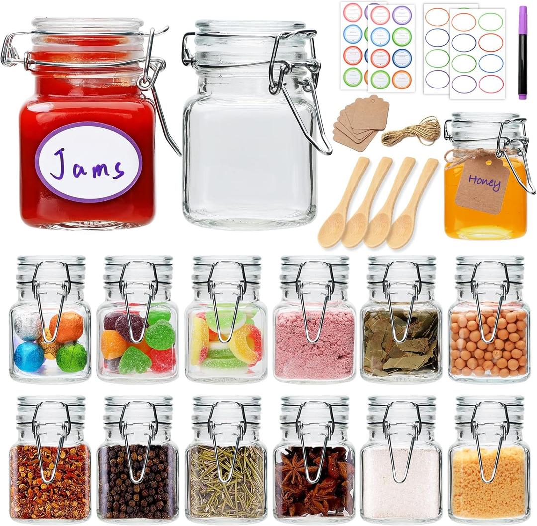 Brajttt Small Glass Jars with Lids,4 oz Spice Jars with Labels,15 Pack Small Glass Containers with Airtight Hinged Lid for Home Kitchen, Arts & Crafts Projects, Spices, Decoration, Snack Foods