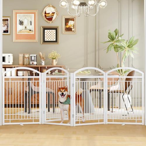 THKKY Folding No-Assembly Metal Freestanding Dog Gate with Door Walk Through,32" Height Pet Fence,96" Extra Wide Accordion Puppy Folding Playpen for Doorways,House,Stairs (4 Panels,White)