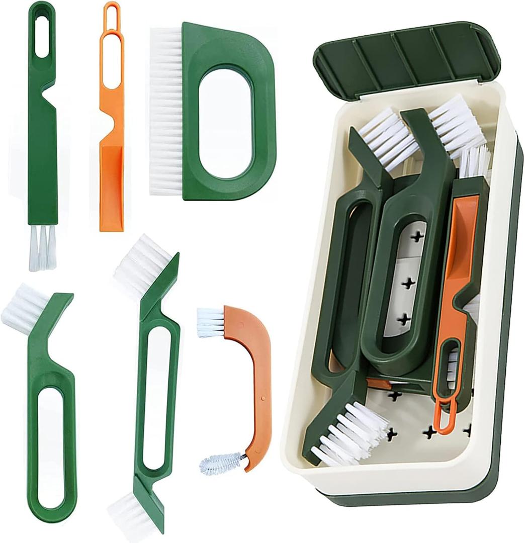 2 x Kitchen Scrub Brush Set with Ergonomic Handle, Deep Cleaning Brushes, Include Dish, Grout, Groove Gap, Bottle, Bathroom Brush Heads (Green)