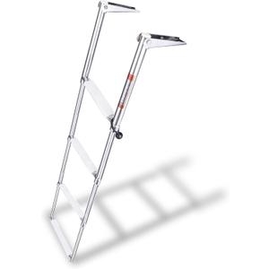 YOUNG MARINE 4 Steps Stainless Steel Drop Down Telescopic and Folding Boat Ladder with White Plastic Footboard,Over Platform Mounting