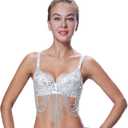 Seawhisper Tribal Glitter Sparkle Rhinestone Belly Dance Beaded Sequined Bra Top for Rave Cabaret Party Size 34/75 Silver)