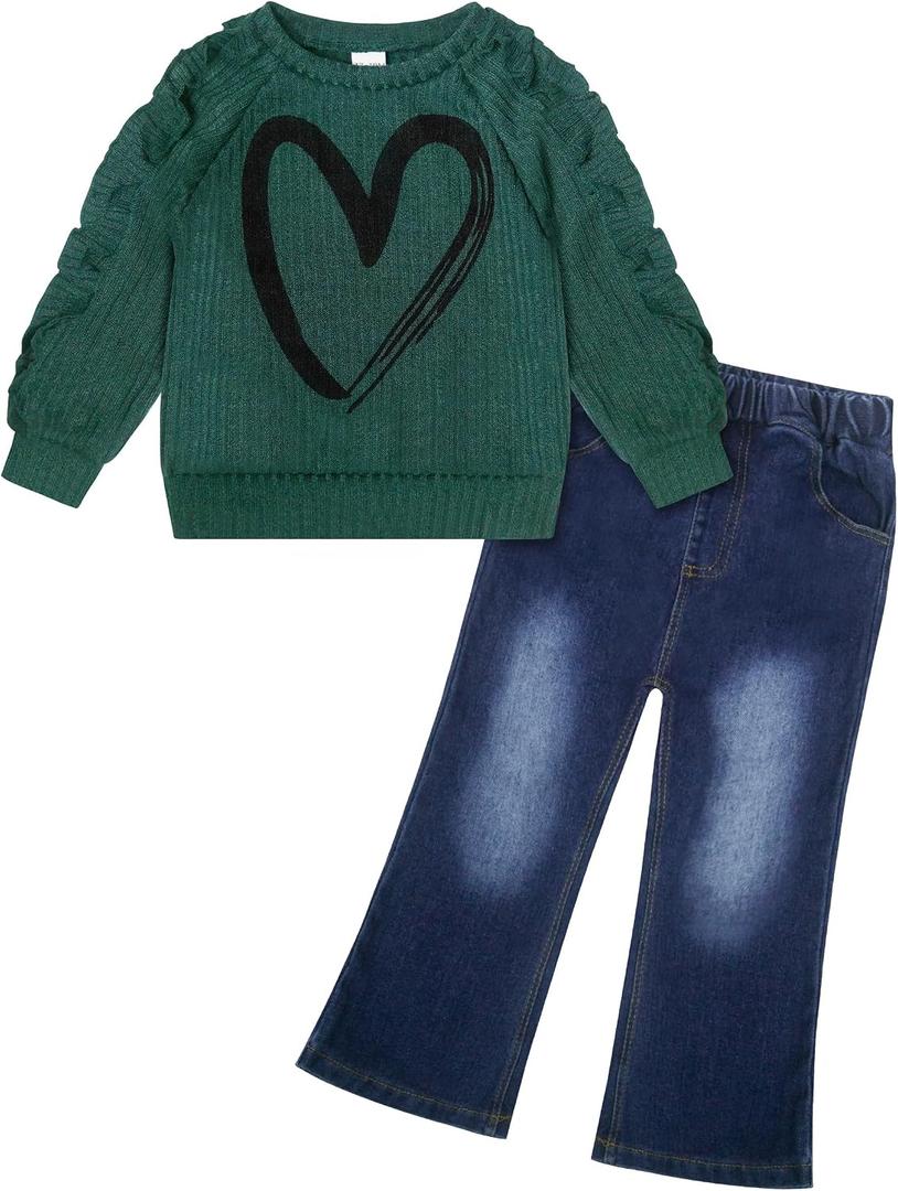 VOGRYE Toddler Girl Outfit Set - Ruffle Heart Sweatshirt Wide Leg Jeans Soft Cotton 2-Piece for 12M-5T Size 3-4y