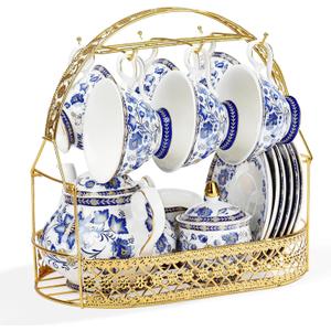 fanquare Porcelain Tea Sets,Blue British Coffee Cups& Saucer Service for 6, with Teapot,Sugar Bowl,Creamer Pitcher and Golden Metal Rack