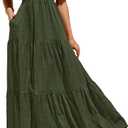 PRETTYGARDEN Women's Summer Puff Short Sleeve Maxi Dress Square Neck Smocked Tiered Ruffle A Line Long Flowy Beach Dresses, Large