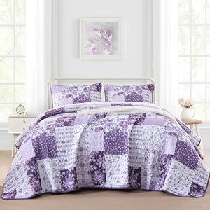 Anibedding 3Pieces Floral Patchwork Quilts King Size, Purple Flower Plaid Bedspreads with Double Pillowcases for All Season