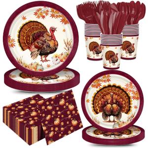 2 x 168pcs Thanksgiving Turkey Plates Napkins Party Supplies Fall Thanksgiving Paper Cups Disposable Tableware Set for Autumn Friendsgiving Party Decorations 24 Guests