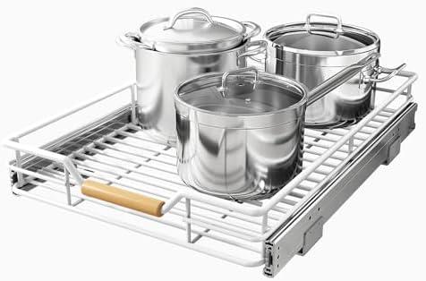 Pull out Cabinet Organizer, 18"W X 21"D, Heavy Duty Smooth Sliding Under Cabinet Shelves for Pots and Pans, Full-Extension Roll out Drawers, Slide out Organization for Home Kitchen Pantry, White