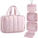 BAGSMART Travel Toiletry Bag for women, Portable Hanging Hook Makeup Bag Organizer, Waterproof Makeup Cosmetic Bag, for Full-Size Accessories, Toiletries, Pink