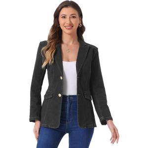 Allegra K Notched Lapel Denim Blazer for Women's Casual Work Long Sleeve Shoulder Pad Jean Jackets, Small