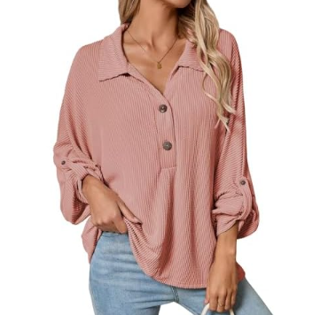Astylish Women's Casual Blouses Button Down Business Batwing Tops Long Sleeve V Neck Ribbed Shirts 2025 Fall Outfit Size L