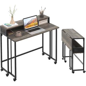 Gezen Folding Desk with Storage Shelf, Small Rolling Desk with Wheels, Mobile Sofa Side Table for Home Office Small Space, Dark Grey, 31.5"