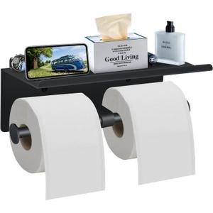 Toilet Paper Holder with Shelf Wall Mounted Toilet Paper Storage, Double Roll Tissue Holder Dispenser Bathroom Toilet Paper Holder (Matte Black)