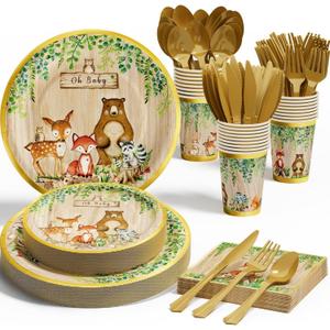 Woodland Baby Shower Decorations Supplies - 175PCS Forest Animal Disposable Dinnerware Set (25 Guest) With Gold Paper Plates Cups Napkins Plastic Fork Knives Spoon for Baby Boy Birthday Party