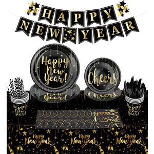 Happy New Year Eve Party Supplies Nye Decorations 2026 Tableware, New Years Plates and Napkins Disposable, 194 Pcs Happy New Year Banner Paper Plates, Napkins, Cups, Tablecloth Serve 24
