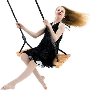 Wooden Swing Seat, Hanging Tree Swing with Adjustable Nylon Rope, Outdoor Wood Swing Set for Backyard, Patio, Garden Playground (26x12in)