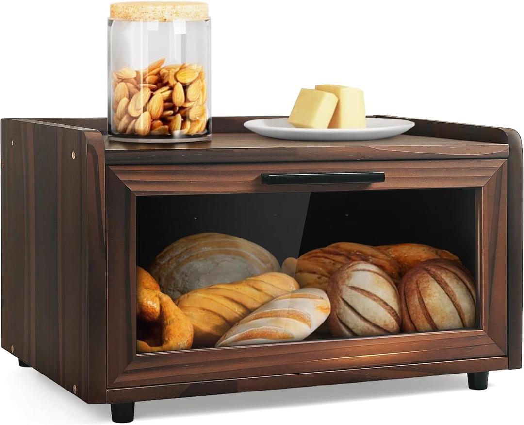 Bread Box for Kitchen Countertop Pine Wooden Bread Storage Container Bin Breadbox Holder Large Capacity Keeper Vintage Farmhouse Food Organizer Pantry Shelf Acrylic Window (Brown)