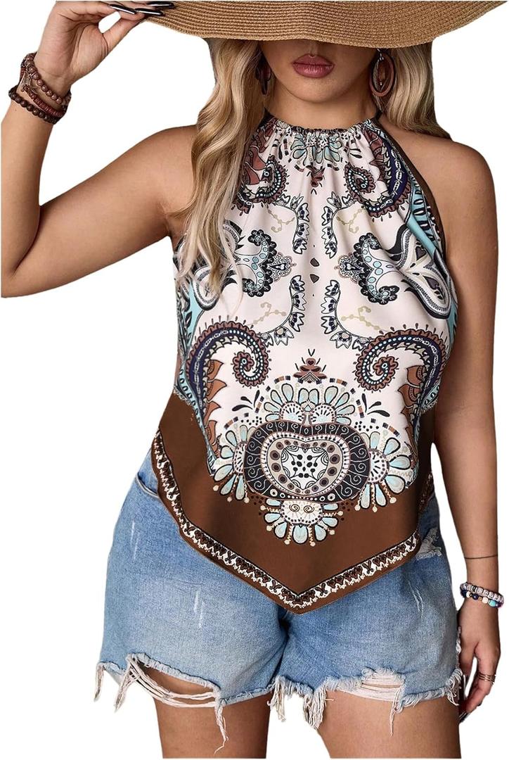 Women's Plus Size Paisley Halter Top Sleeveless Boho Camisole Tops Casual Vacation Blouses (XL)