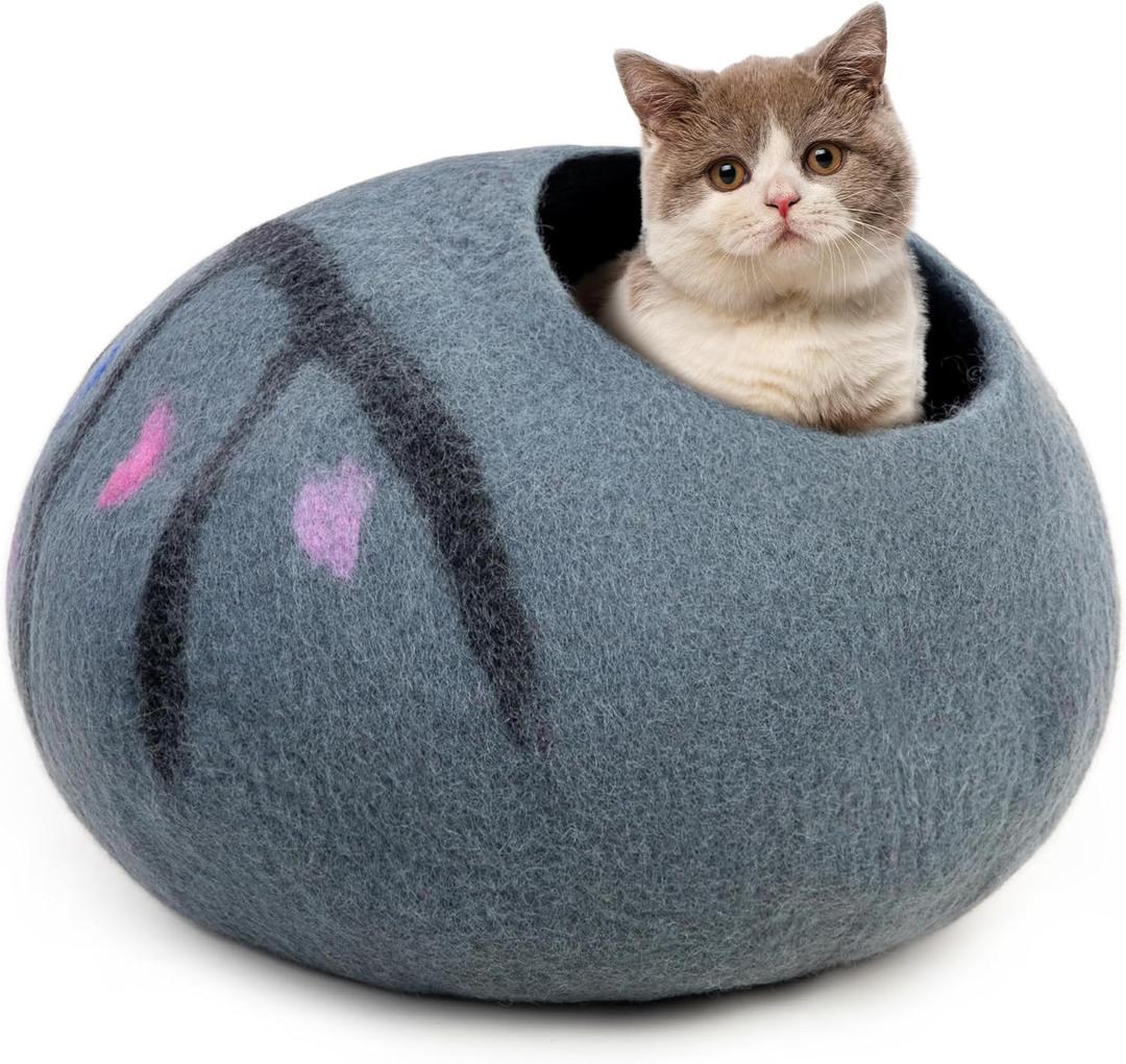 Woolygon Premium Felt Cat Cave Bed  Wool Kitty Beds Handcrafted Kitten Caves Bed for Indoor Cats - Made from 100% Eco-Friendly Merino Wool, Foldable Cat Hidewawy Covered Cat Houses (Enchanted Tree) (Medium)