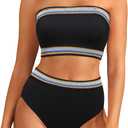 Daci High Waisted Bandeau Bikini Set - Women Strapless Two Piece Swimsuits Ribbed Full Coverage Bathing Suits Swimwear (Medium, Black)
