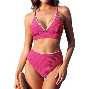 ZAFUL Swim Suits for Women 2025 V Neck Bikini Set High Waisted Swimsuits Tummy Control Two Piece Bikini Set, S, Pink