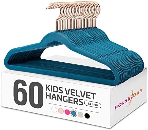 HOUSE DAY Velvet Kids Hangers 60 Pack, Premium Childrens Hangers for Closet, Ultra Thin Cute Clothes Hanger, Non Slip Small Felt Hanger 14 Inch for Kids Clothes, Light Blue