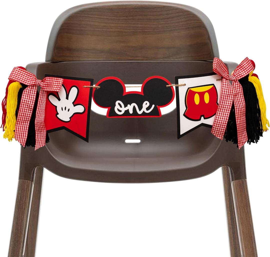 Mouse First Birthday High Chair Banner - Red Yellow Black, One Celebration with Tassels and Gingham Bows, Party Decoration (Mouse Banner)