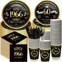 240 Pcs Black 60th Back in 1966 Birthday Decorations Party Tableware Set Vintage Birthday Party Dessert Plates Napkins Forks Gold Dinnerware Favors for Men Service 30 Guests