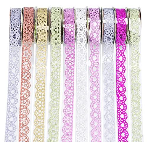 Heliltd 10 Roll Washi Tape Set Lace Pattern Glitter Bling Tape Sticker Self-Adhesive Colorful Sticker for DIY Scrapbooking Decorative Craft Gift Wrapping