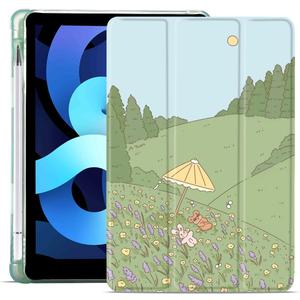 MAYCARI Cartoon Rabbit Floral Case for iPad Pro 11 Inch Case 2022/2021/2020 with Pencil Holder, Cute iPad Pro 4th/3rd/2nd Generation Protective Case with Soft TPU Green, Auto Sleep/Wake Slim Shell