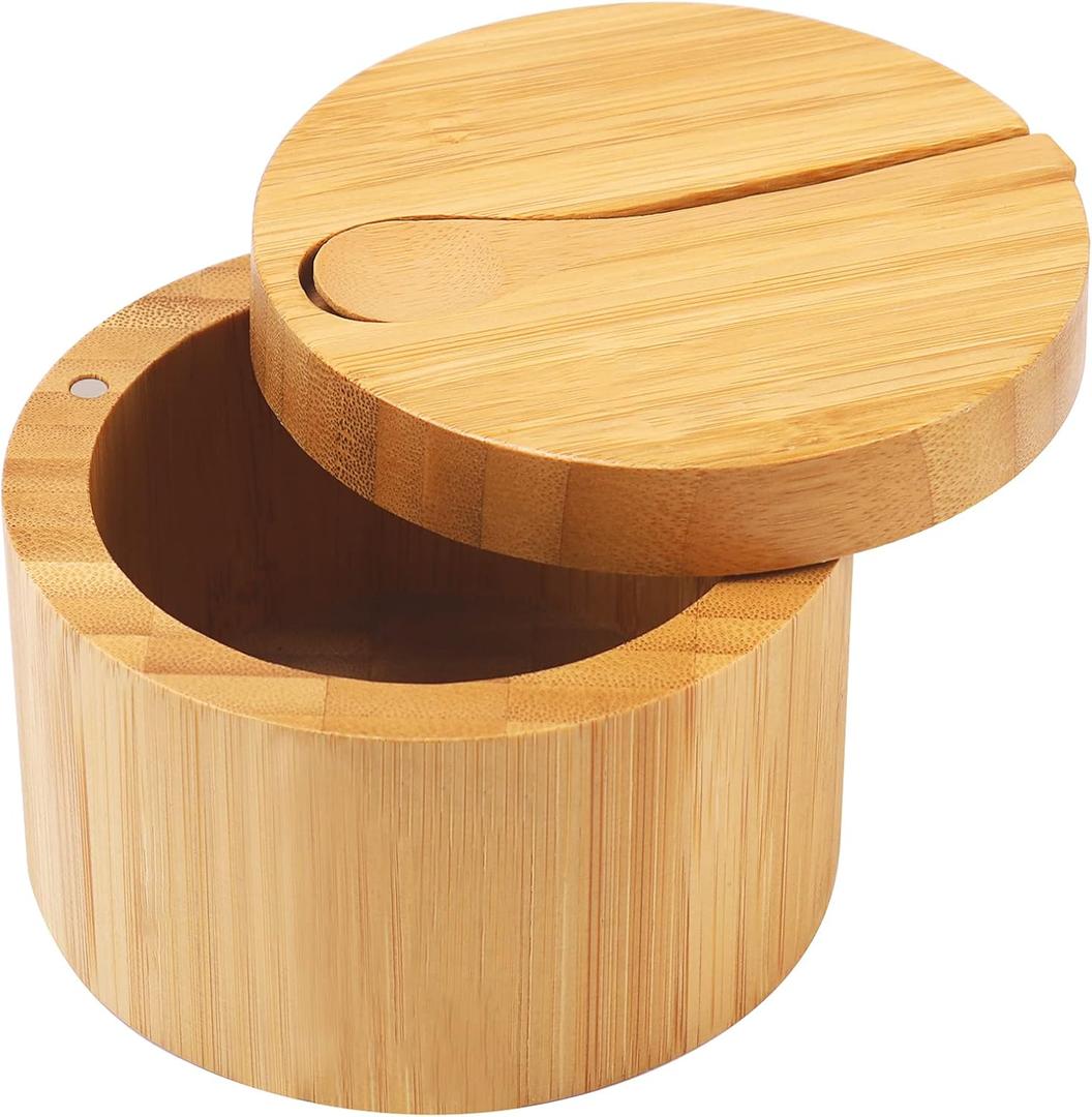 HTB Bamboo Salt Cellar with Mini Spoon, Kitchen Salt Box with Swivel Magnetic Closure Lid, Round Salt Container to Storage Pepper Spice Bath Salt Sea Salt (1PCS)