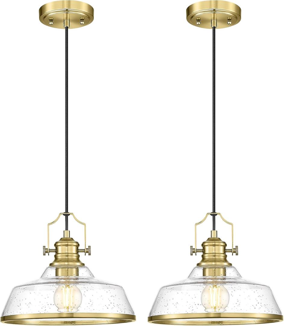 kudos 2 Pack Gold Pendant Lights Kitchen Island, 11" Brass Kitchen Island Lighting with Seeded Glass, Farmhouse Hanging Light Fixture for Kitchen Sink Dining Room Hallways, KDPL13-GD-S-2PK