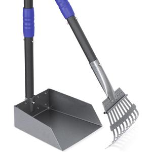 Heeyoo Dog Pooper Scooper, Dog Poop Tray and Rake Set, Pet Waste Removal Scoop with Long Adjustable Sectional Stainless Handles (Black/Blue)