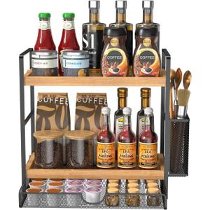 2 Tier Spice Rack Organizer for Countertop with Drawer and Basket, Suitable for Coffee Organizer, Kitchen Counter Storage, Bathroom Storage (Brown)