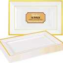 Goodluck 16 PCS Plastic Serving Trays for Party, Gold Rim Disposable Serving Platter, Plastic Tray for Food Fruit Trays for Serving for Party, 12.85 x 8 inches (White)