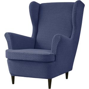 Wingback Chair Cover 2 Piece Stretch Jacquard Wing Chair Slipcovers Thick Wing Back Chair Covers Sofa Slipcover with Arms Wing Chair Slipcover Wing Back Chair Cover with Elastic Bottom (Navy)