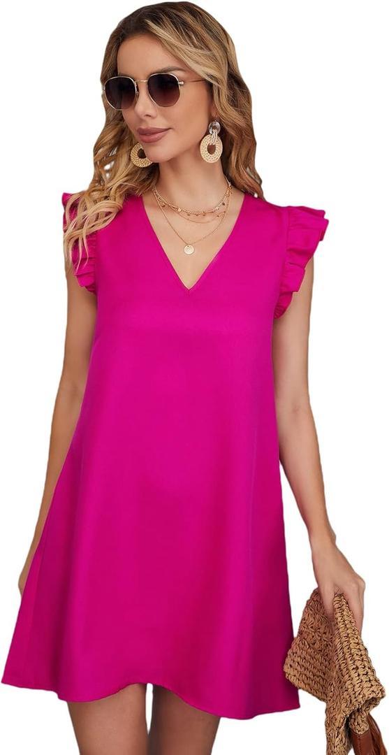 Floerns Women's Solid V Neck Ruffle Trim Cap Sleeve Summer Tunic Dress Hot Pink XS