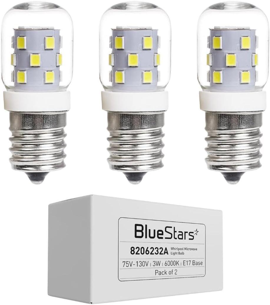 BlueStars 3W E17 Base Microwave LED Bulb 8206232A Dimmable Light Bulbs, 6000K Cold Daylight, 40W Incandescent Equivalent 75V-130V 240 lumens for Refrigerator Range Hood Microwave - 3 Packs