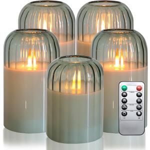 Green Flameless Battery Operated Candles with Remote, Set of 5 Glass Jar LED Candles with Dancing Flame, Flickering Electric Candlelight for Home Fall Halloween Party Decor H4556" 6