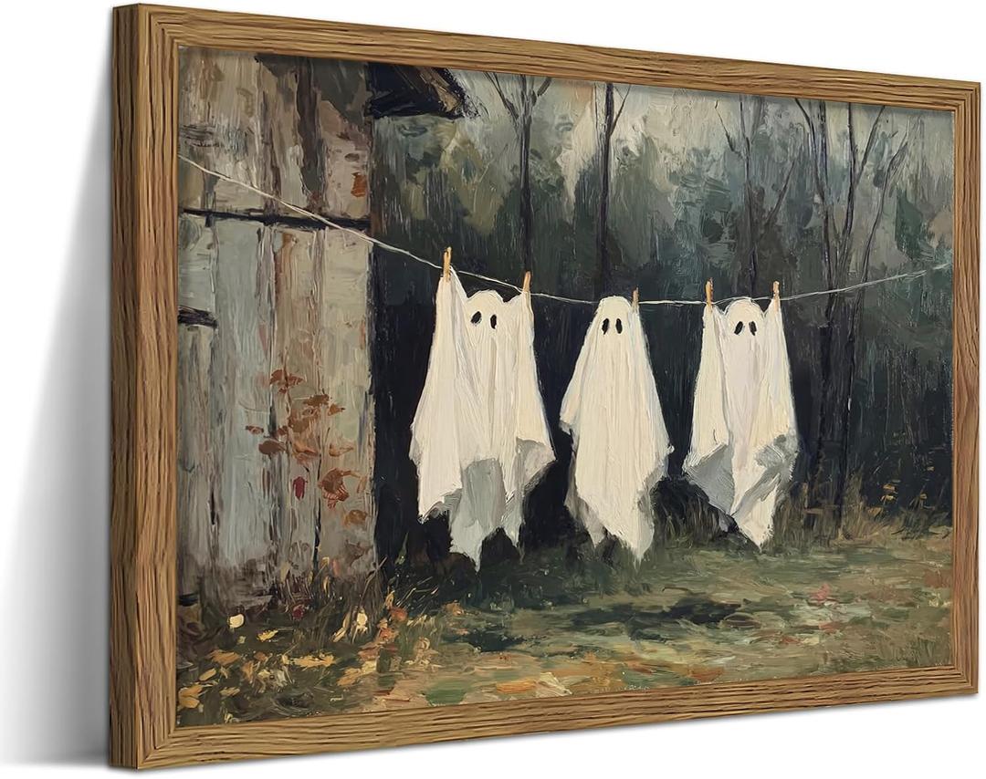 Halloween Ghost Wall Art, Vintage Rustic Cottage Clothesline Ghost Canvas Wall Decor Painting, Gothic Spooky Farmhouse Halloween Artwork Prints Pictures for Bedroom Bathroom 12X16 Inch Wood Framed
