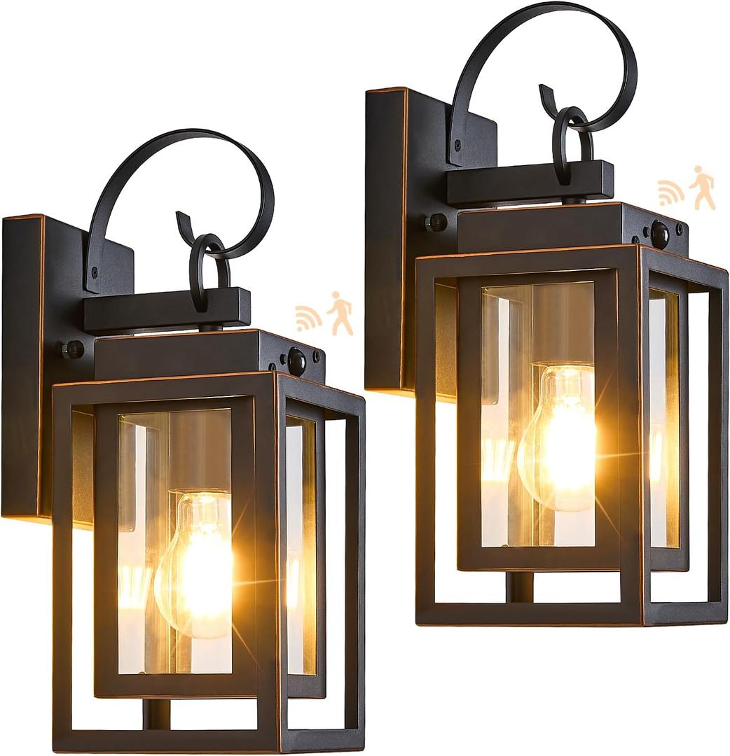 2 Packs Motion Sensor Outdoor Wall Lights, Modern Dusk to Dawn Exterior Lighting Fixture, Black Outdoor Wall Sconces Porch Light with Waterproof, Outside Farmhouse Wall Lantern for Front Door, Garage