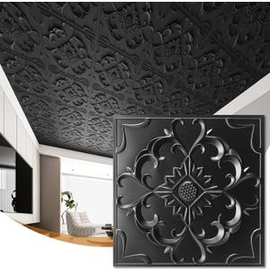 WOWSTAR 24-Pack 24"x24" Drop Ceiling Tiles, Vintage Waterproof Glue up Ceiling Panels, Black