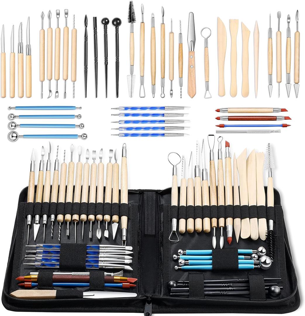 ISSEVE Pottery Clay Sculpting Tools 43Pcs Double Sided Ceramic Clay Carving Tool Set with Upgrade Stand-Up Design Carrying Case for Beginners Professionals School Student Pottery Modeling Smoothing