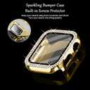 Joyozy Slim Stainless Steel Band Compatible with Apple Watch 38mm 40mm 41mm 42mm 44mm 45mm 46mm Milanese Strap with Bling Glitter Case Built-in Screen Protector Dressy Bracelet Band for Women (Gold 38mm)