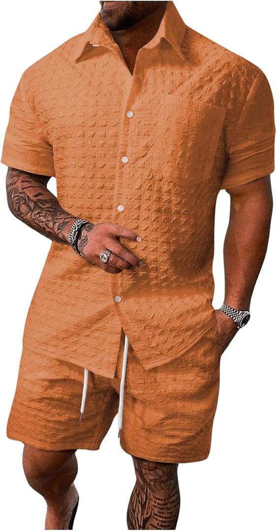 SOLY HUX Men's 2 Piece Shorts Sets Casual Beach Outfits Short Sleeve Button Down Hawaiian Shirt Sets (Plain Orange) L