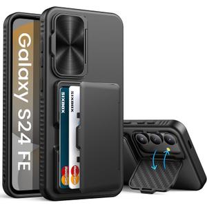 for Samsung Galaxy S24 Fe Case with Card Holder, Built-in & Kickstand & Camera Cover, Full Body Protective Rugged Multifunctional Wallet Stand Phone Cover Case for S24 Fe 6.7" 2024, Black