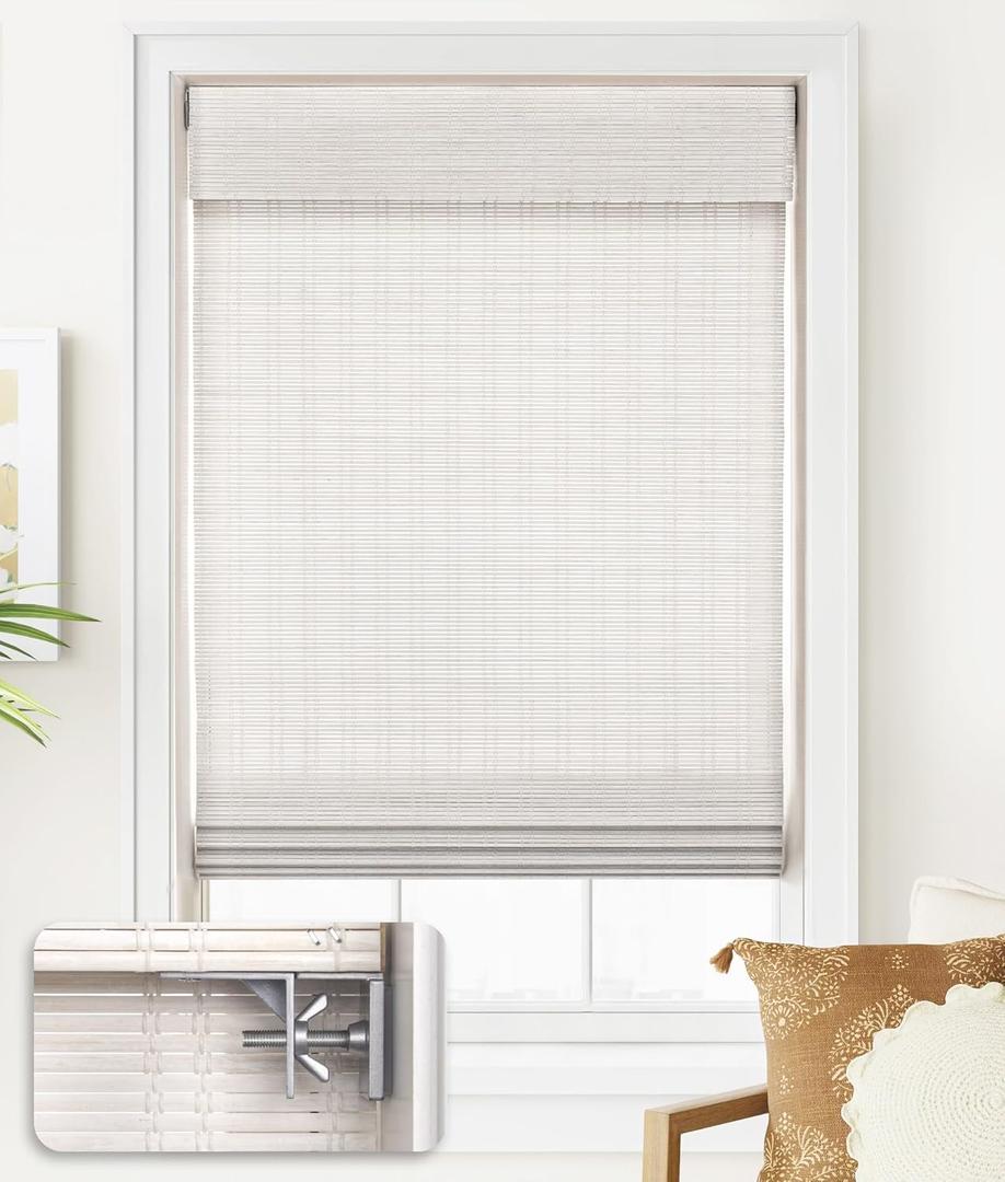 LazBlinds No Tools No Drill Cordless Bamboo Roman Shades, Light Filtering Window Treatment, Roll Up Bamboo Blinds for Window 27'' W x 64'' H, Ceylon Vintage White