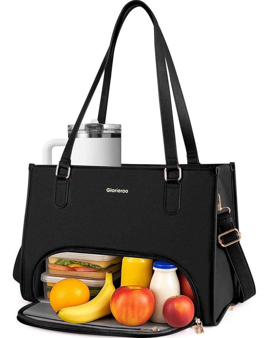 Laptop Tote Bag with Lunch Compartment for Women - 15.6 Inch Computer Vegan Leather Work Bag Handbag, Large Insulated Leakproof Lunch Box Bag with Shoulder Strap